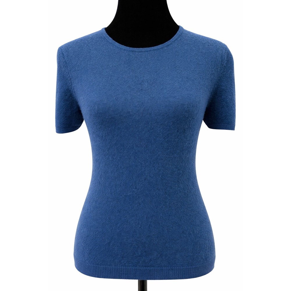Valerie Stevens Womens Short Sleeve Crew Neck Sweater Petite Large Blue Cashmere